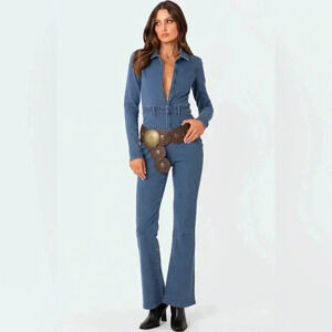 NWOT EDIKTED Zip Front Long Sleeve Flare Leg Denim Jumpsuit in Blue